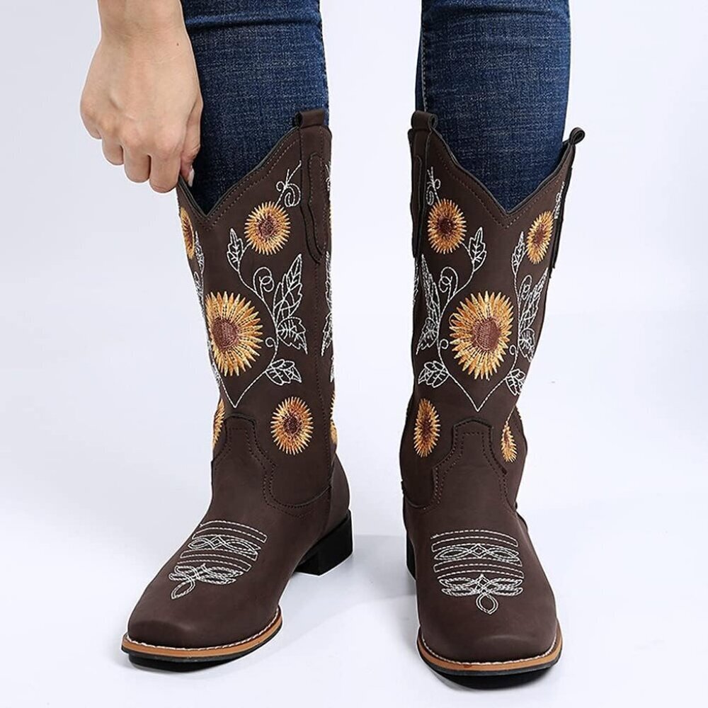 Cowboy Boots for Women Cowgirl Western Boot Sunflower Embroidery Square Toe Heel - Picture 4 of 6